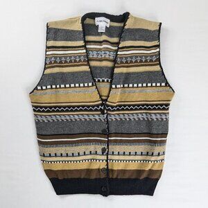 Brown Tan Multi Knit Print Stripe Button Front V Neck Knit Wool Sweater Vest